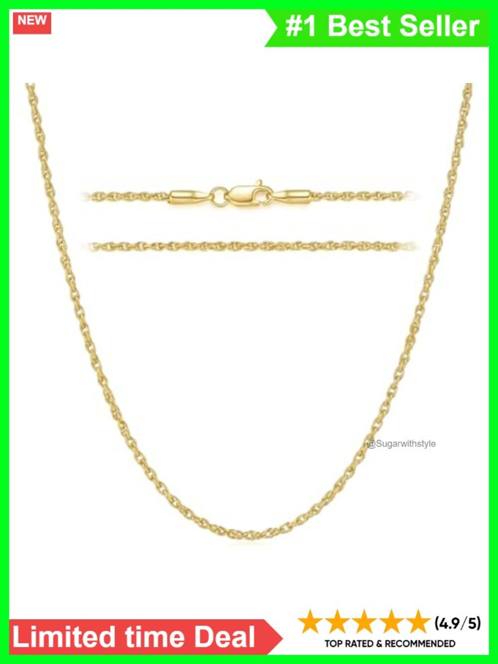 14k Gold Plated Rope Chain Necklace 1.5mm 2mm Lobster Clasp
